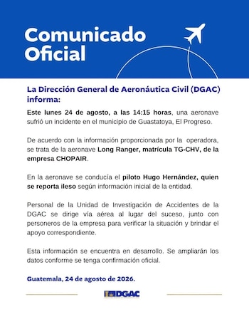 La aeronave Long Ranger había realizado en los últimos días vuelos a Esquipulas, Puerto Barrios, Izabal, Flores, Alta Verapaz y Chiquimula sin incidentes reportados.