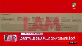 Captura de pantalla de un programa de TV mostrando un formulario con datos médicos de Andrea del Boca, incluyendo el motivo de internación y estudios