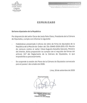 Comunicado oficial de la Cámara de Diputados con membrete, texto sobre la suspensión de un pleno y firma de la Oficialía Mayor