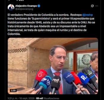 Alejandro Ocampo sostuvo que José Manuel Restrepo actuará como un “Superministro” y cuestionó que el vicepresidente pronuncie el discurso de Colombia ante la ONU - crédito X