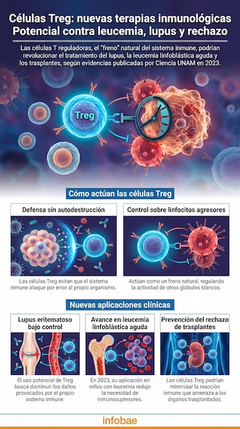 Infografía con ilustraciones de células microscópicas, un icono de reloj y paneles de texto sobre aplicaciones médicas en lupus, leucemia y trasplantes.