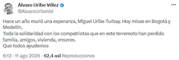 Álvaro Uribe Vélez recuerda a Miguel Uribe Turbay y llama a la solidaridad tras el terremoto - crédito @AlvaroUribeVel/X