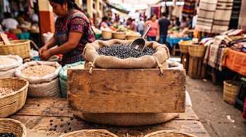 Un saco de yute con frijoles negros y un letrero de madera sin texto en un puesto de mercado con cestas de granos.