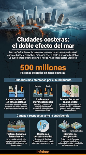 Infografía con ilustración de edificios hundiéndose en el mar y datos sobre 500 millones de personas afectadas, ciudades con subsidencia y causas/soluciones.