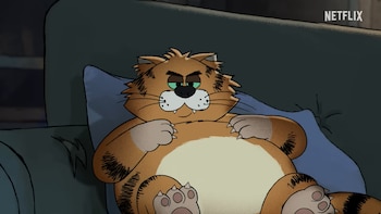 Un gato animado, obeso y naranja con ojos verdes y expresión seria, recostado sobre un almohadón azul. El logo de Netflix aparece en la parte superior derecha