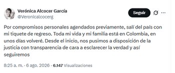 La saliente primera dama aseguró que seguirá a disposición de la justicia por versiones que la vinculan con aparentes irregularidades durante el Gobierno Petro - crédito @Veronicalcocerg/X