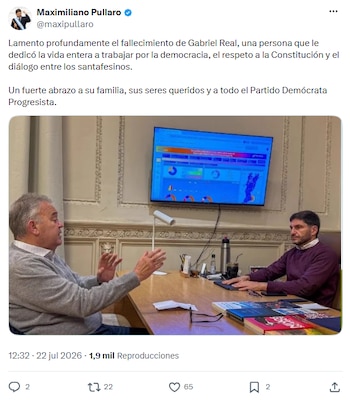 El gobernador Pullaro lamentó la muerte del funcionario y destacó su dedicación a la democracia, el respeto a la Constitución y el diálogo entre los santafesinos
