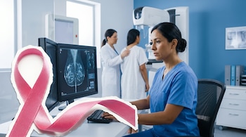 Una profesional de la salud latina en scrubs azules revisa mamografías en un monitor, mientras otra médica asiste a una paciente en un entorno clínico, con un lazo rosa en primer plano.