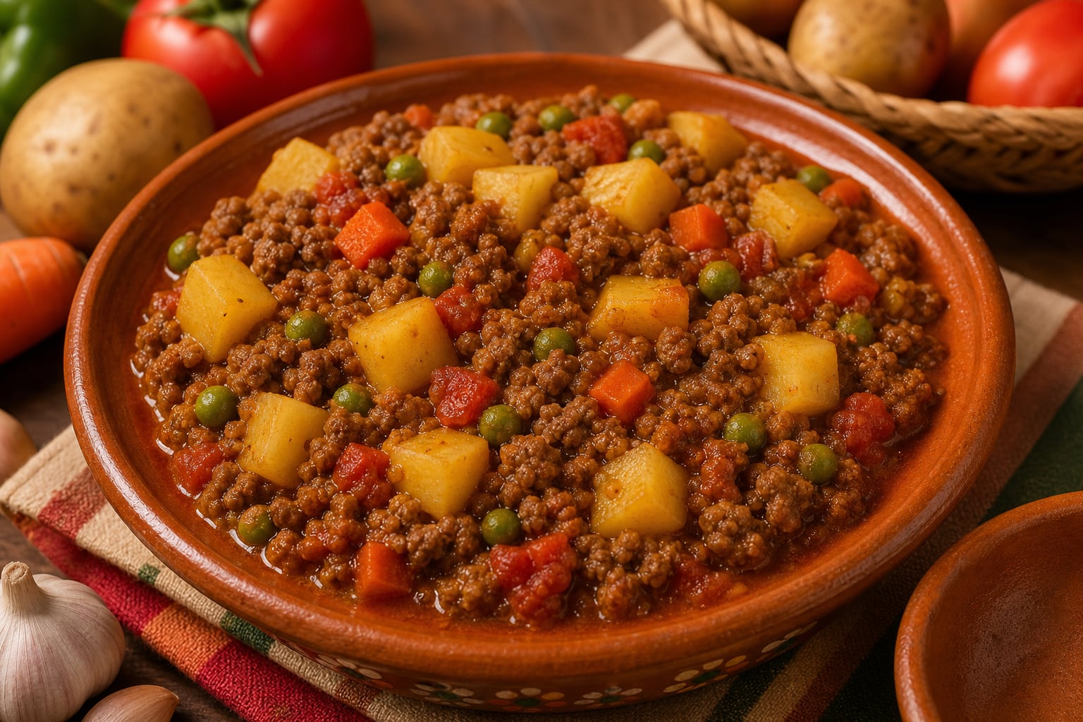 Un recipiente de barro contiene un picadillo de carne molida cocinado con papas, zanahorias y guisantes. (Imagen Ilustrativa Infobae)