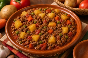 Cazuela de barro con carne molida guisada, cubos de papa, zanahoria y guisantes, rodeada de tomates, papas enteras y dientes de ajo.