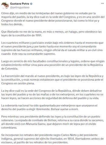 Petro sostuvo que la Constitución establece que el nuevo presidente debe posesionarse ante el Congreso de la República y reiteró que la transmisión del mando debe ajustarse a las normas vigentes. - crédito @petrogustavo/X