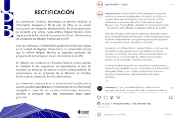 La UPB aclaró en un comunicado emitido vía Instagram el miércoles 7 de octubre de 2026 que Holguín no cuenta con el título de maestría - crédito @upbcolombia/IG