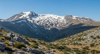 Vista panorámica de una montaña con picos rocosos, parcialmente cubiertos de nieve derretida, bajo un cielo azul claro, con laderas inferiores secas y vegetación baja.