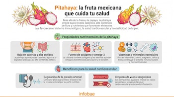 Infografía sobre la pitahaya, mostrando la fruta entera, cortada y su flor; secciones de propiedades nutricionales, beneficios para la digestión, piel, corazón y vasos sanguíneos.