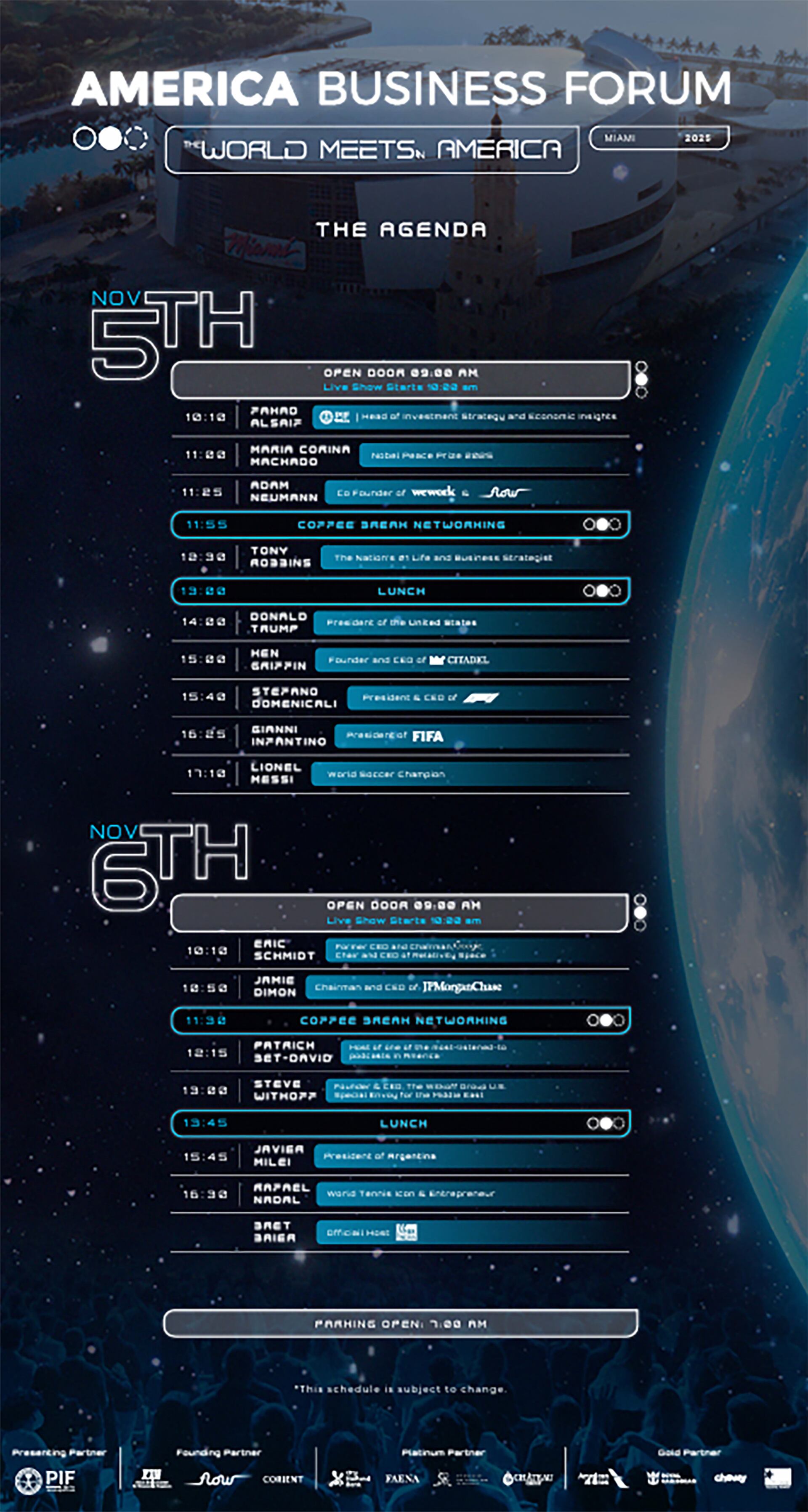 La agenda del American Bussines Forum: Trump, Milei, Messi, Nadal y Dimon son protagonistas del evento que se hará en Miami
