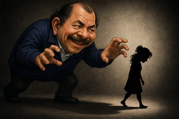 Ilustración de Daniel Ortega agachado con las manos extendidas en dirección a la silueta oscura de una niña.