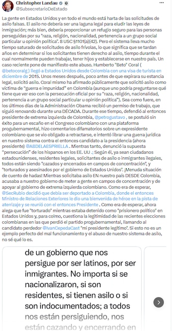 Christopher Landau criticó a Humberto Coral por denuncias y solicitudes “frívolas” de asilo en Estados Unidos - crédito @SubsecretarioDeEstado/X