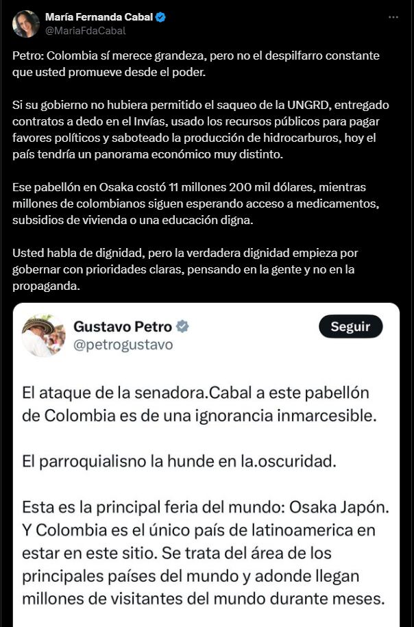 La congresista y el presidente se enfrascaron en una fuerte discusión vía redes sociales por las inversiones en pabellones en varias partes del mundo - crédito @MariaFdaCabal/X