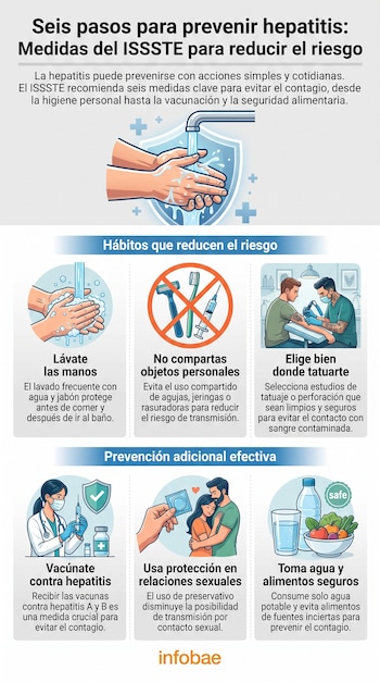 Infografía sobre prevención de hepatitis, con seis ilustraciones: lavado de manos, objetos personales, tatuajes, vacunación, sexo seguro, agua y alimentos seguros.