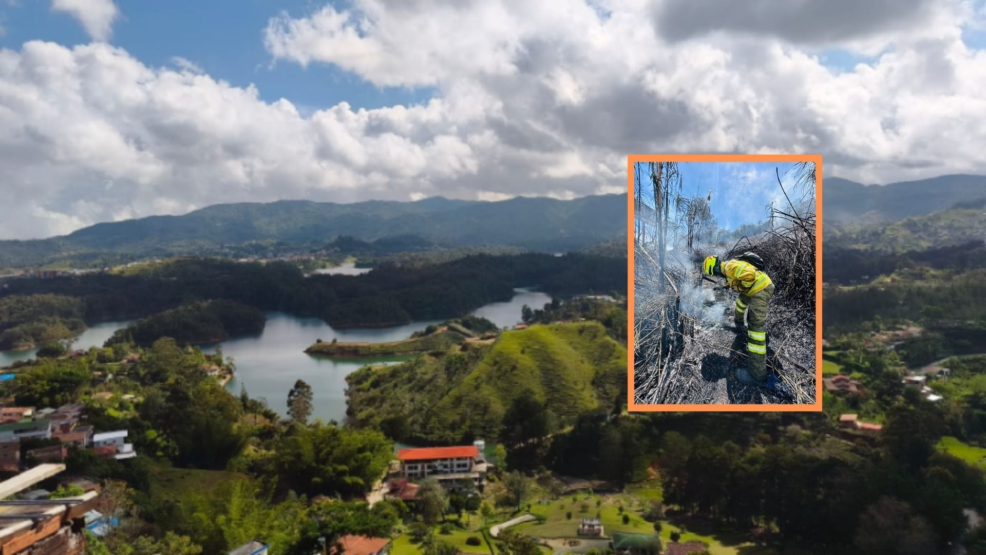 La emergencia por el incendio en Guatapé dejó una afectación de 51.923 metros cuadrados de vegetación, equivalentes a 5,1 hectáreas - crédito Jimmy Nomesqui/Policía Antioquia