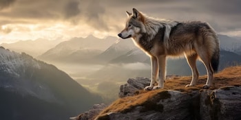 Un perro lobo con pelaje gris y beige sobre rocas, con montañas nevadas y valles neblinosos al fondo bajo un cielo nublado