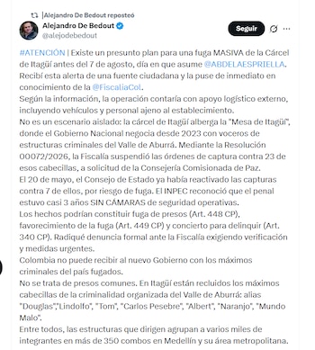 El presidente del Concejo de Medellín, Alejandro de Bedout, presentó ante la Fiscalía una denuncia por la presunta fuga de presos en la cárcel de Itagüí - crédito @alejodebedout/X