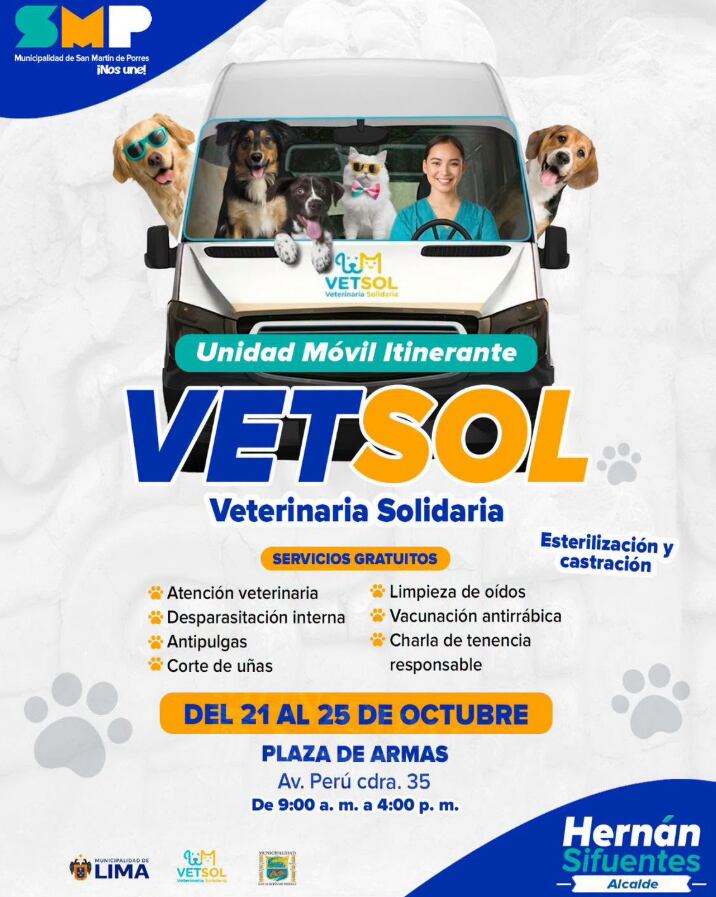 Los servicios se ofrecen en la plaza de Armas de San Martín de Porres, ubicada en la avenida Perú, cuadra 35, de 9 a. m. a 4 p. m. - Créditos: Municipalidad de San Martín de Porres.