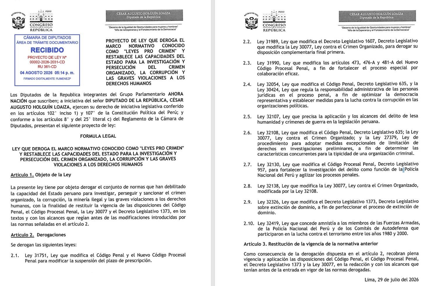 Un documento oficial del Congreso de la República de Perú detalla un proyecto de ley para derogar normas conocidas como “leyes pro crimen” y fortalecer la persecución de delitos.