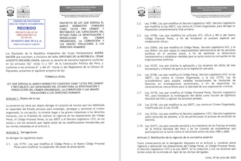 Documento oficial del Congreso de Perú con logo, título "PROYECTO DE LEY QUE DEROGA LEYES PRO CRIMEN" y datos del diputado César Augusto Holguín Loaiza