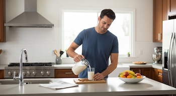 Un hombre sonriente en una camiseta azul sirve leche de almendras de una jarra a un vaso en una cocina moderna. Hay almendras y un cuenco de fruta cerca.