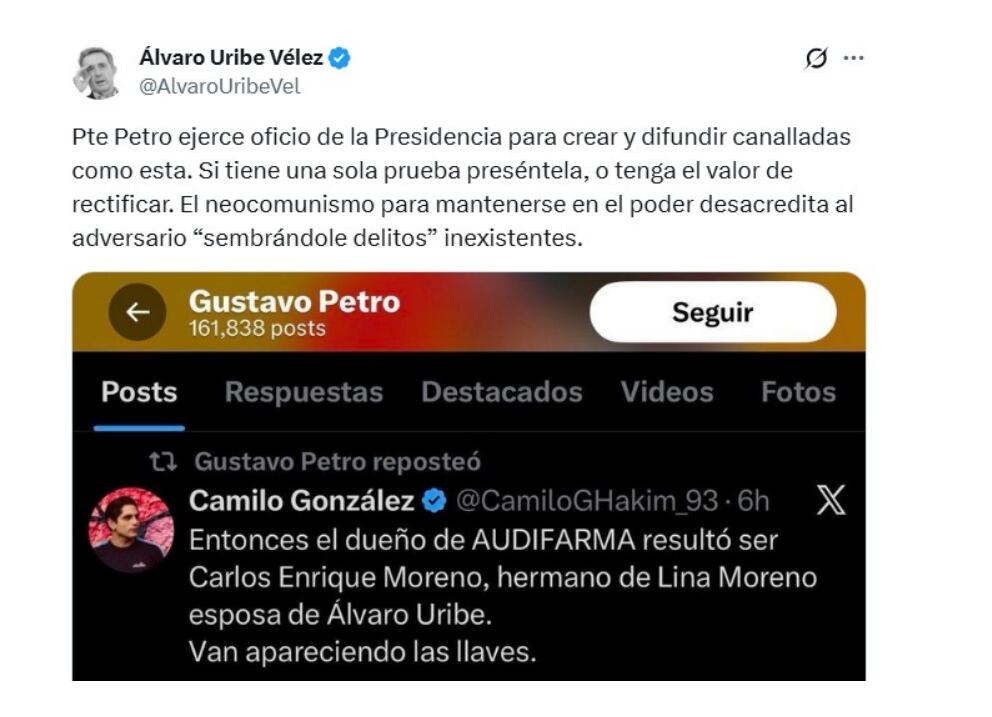 El expresidente Álvaro Uribe rechazó las afirmaciones del presidente Petro sobre su relación con Audifarma - crédito @AlvaroUribeVel/X