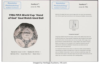 Documento impreso con fotografías e informes del peritaje sobre el balón Adidas Azteca usado en la Copa Mundial de 1986