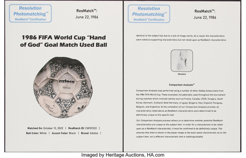 El certificado de autenticidad del balón Adidas Azteca del partido entre Argentina e Inglaterra de 1986. (Heritage Auctions)