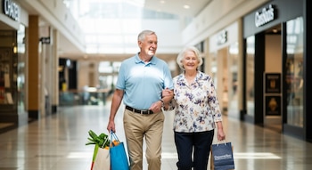 Hombre y mujer mayores caminan sonriendo por un centro comercial. Él lleva dos bolsas de compras con comestibles, ella una pequeña bolsa.