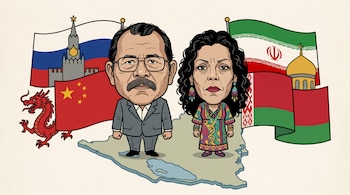 Caricatura digital de Daniel Ortega y Rosario Murillo sobre mapa de Nicaragua, con banderas de Rusia, China, Irán y Bielorrusia y sus símbolos.