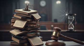 Una pila alta de libros antiguos con un árbol seco encima, un mazo de juez y un reloj de arena con el cristal roto, sobre un escritorio.