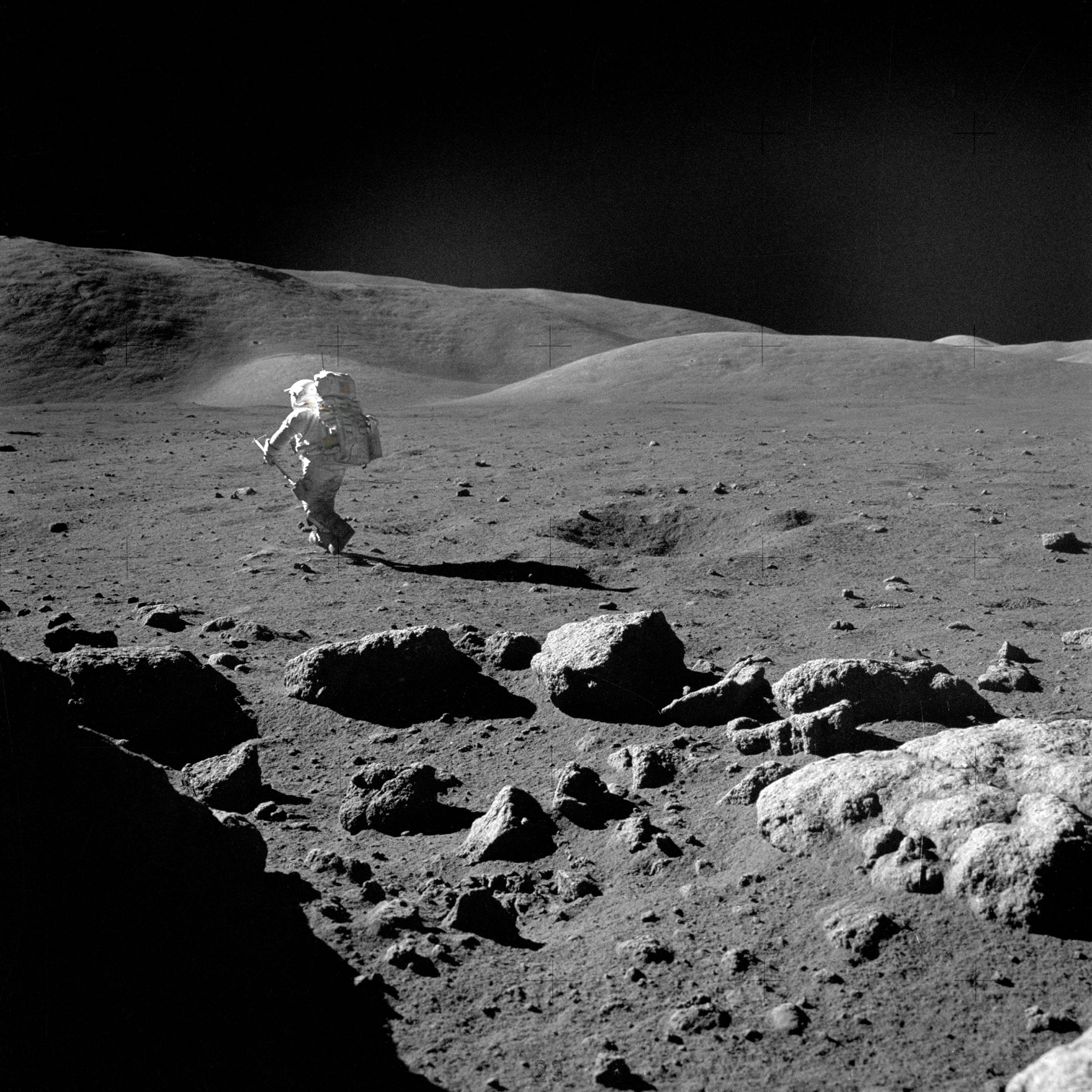 A photo provided by Eugene Cernan/NASA shows Harrison Schmitt, an Apollo 17 astronaut, on his way to take samples on the lunar surface on December 12, 1972. Researchers want to explore the idea that microscopic particles shed by alien civilizations have accumulated on the lunar surface, making it an archive of extraterrestrial technology. (Eugene Cernan/NASA via The New York Times) — NO SALES; FOR EDITORIAL USE ONLY. —