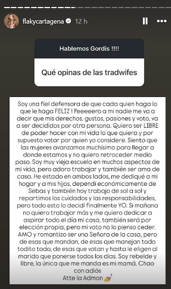 Mabel Cartagena rechaza ceder su autonomía y su voto en el debate sobre las tradwifes - crédito @flakycartagena/IG