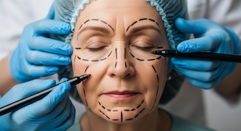 Primer plano de una mujer adulta con gorro quirúrgico y los ojos cerrados, mientras varias manos con guantes azules dibujan líneas negras en su rostro como preparación para una cirugía estética facial.