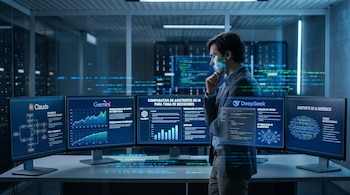 Un hombre de perfil analiza cinco monitores en una oficina tecnológica; cada pantalla muestra interfaces de diferentes asistentes de IA con gráficos y texto.