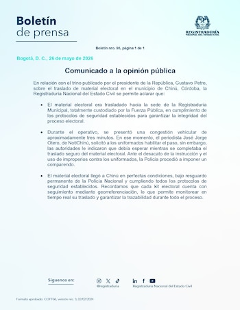 El organismo electoral confirma que se cumplieron todos los protocolos de seguridad durante el traslado del material en Córdoba - crédito prensa Registraduría