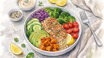 Ilustración en acuarela de un tazón con pollo asado, quinoa, aguacate, brócoli, pepino, tomate y col junto a un tenedor y salsas.
