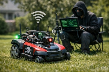 Primer plano de una cortadora de césped robótica roja y negra con un símbolo de calavera y huesos cruzados, y en segundo plano, un hacker con laptop.
