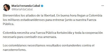 María Fernanda Cabal celebró la llegada de más de 300 soldados de Estados Unidos a Colombia para participar en el ejercicio multinacional Vanguardia del Sur 2026 - crédito @MariaFdaCabal/X