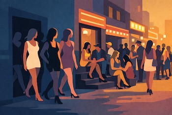 Fila de mujeres en vestidos cortos, saliendo de un edificio oscuro a una calle iluminada con bares, donde hay personas sentadas y de pie.