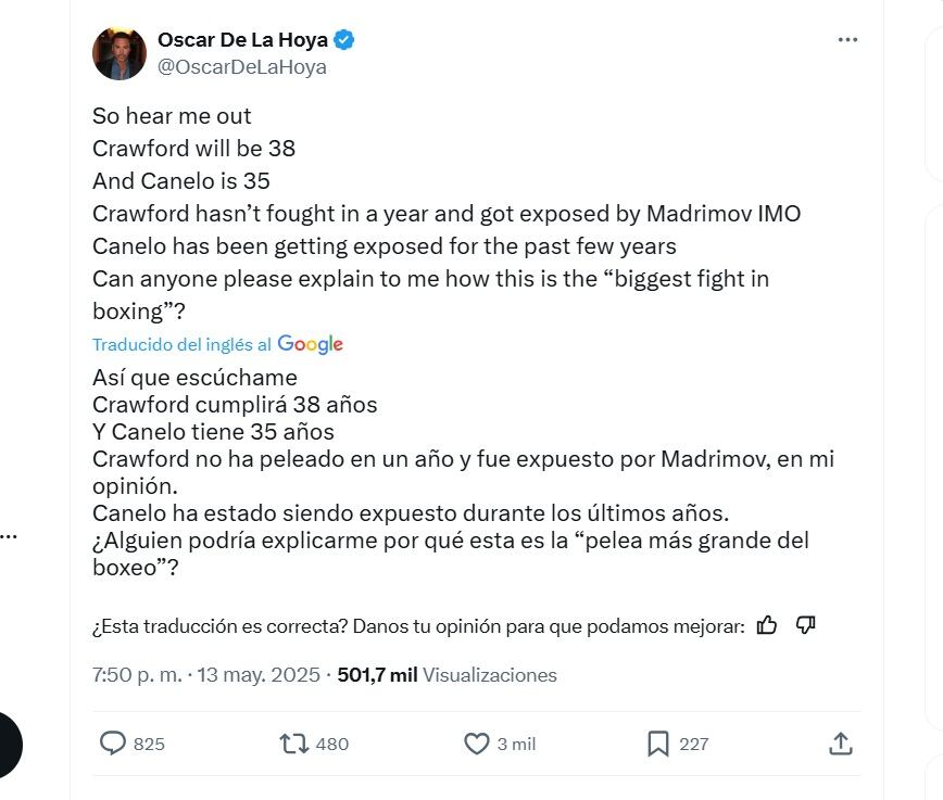 Esto dijo Oscar de la Hoya de la pelea de Canelo vs Crawford (X/ @OscarDeLaHoya)