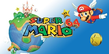 Mario con gorra con alas en vuelo junto al logotipo de Super Mario 64, un planeta con un castillo, estrellas y una moneda dorada