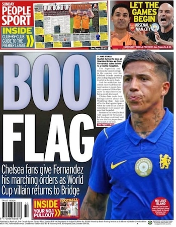 “BOO FLAG (Bandera de abucheos)”, tituló Sunday People Sport. La bajada remató: “Los aficionados del Chelsea echan a Fernández al volver el villano del Mundial al Bridge”