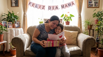 Una madre y su hija pequeña sentadas en un sofá. La hija entrega a la madre una caja de regalo y una tarjeta que dice 'Feliz Día, Mamá'. Detrás, un cartel.