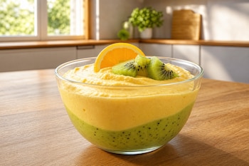 Un cuenco transparente contiene un postre de dos capas verde y amarilla, decorado con trozos de kiwi y naranja sobre una mesa.